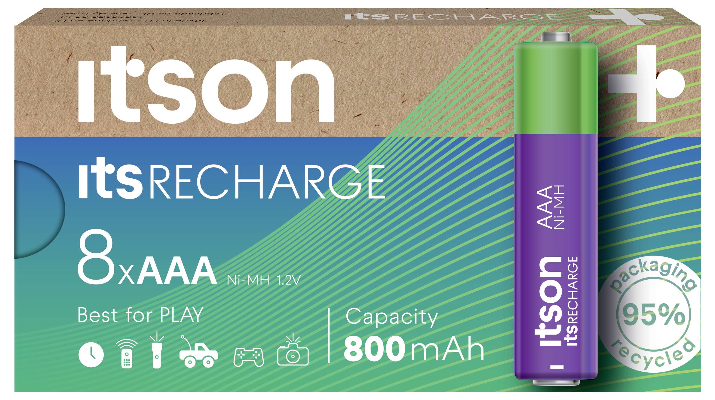 De verpakking toont 'itson Recharge' AAA-batterijen, 8 stuks, Ni-MH 1.2V, capaciteit 800mAh. Verpakking gemaakt van 95% gerecycled materiaal.