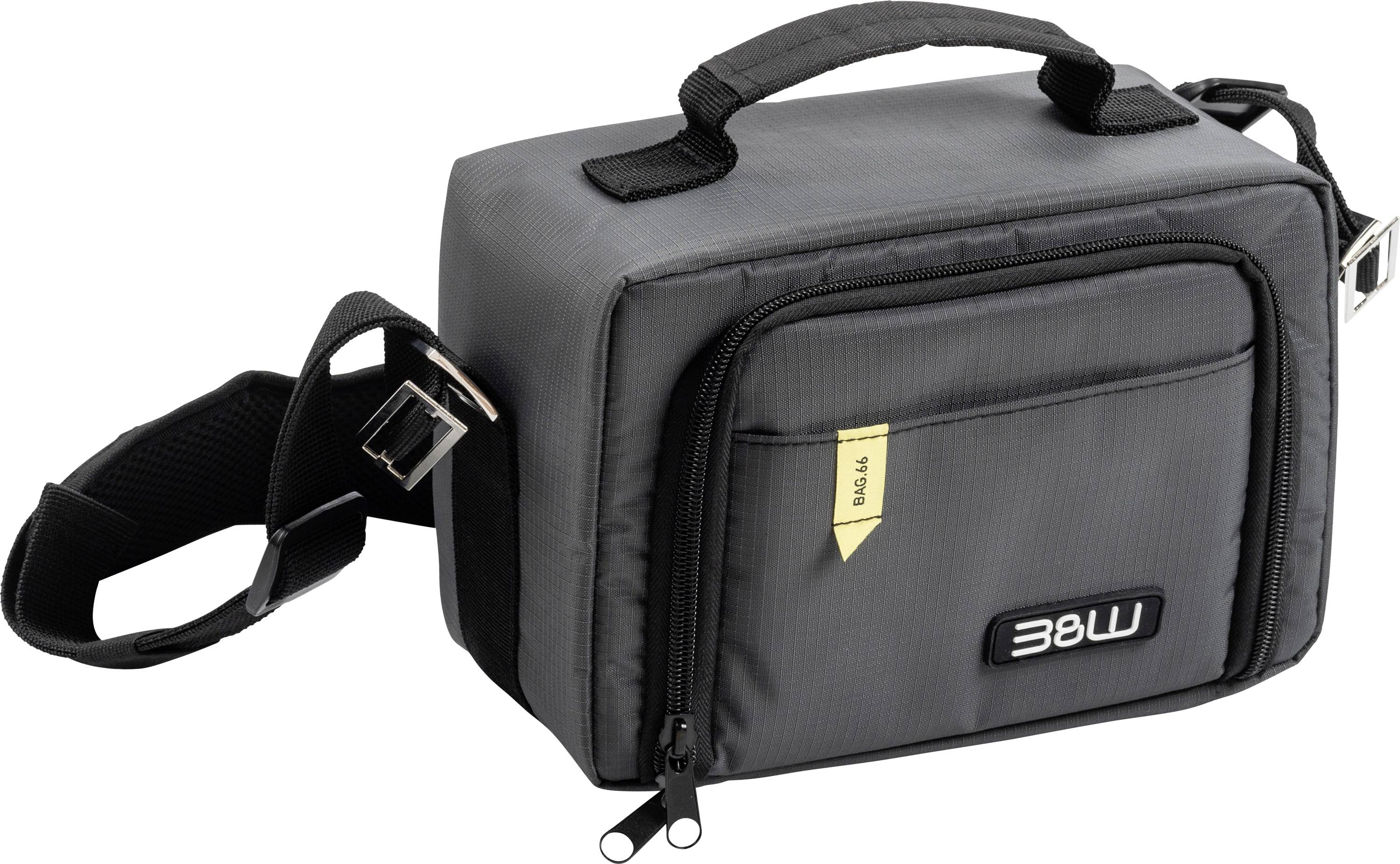 Een grijze cameratas met schouderband en ritssluiting, geschikt voor het veilig vervoeren van camera en toebehoren.