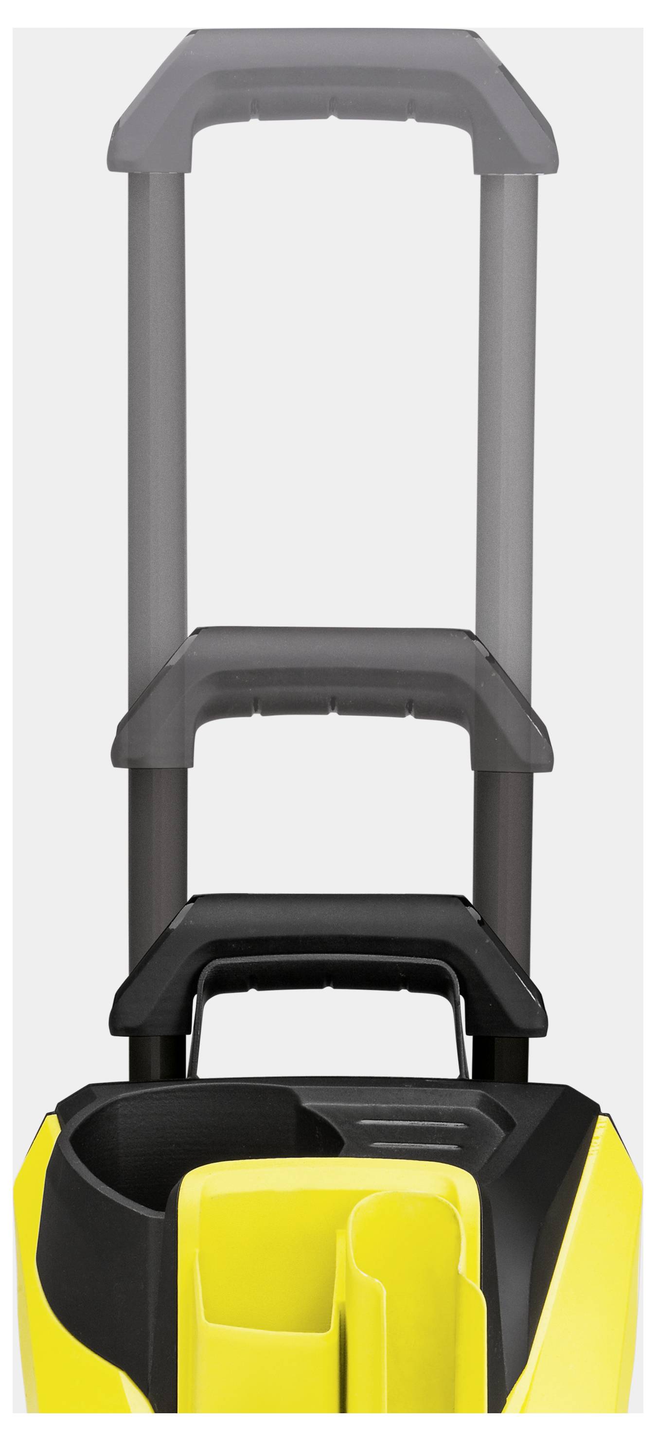 Gele koffer met uittrekbare handgreep en meerdere compartimenten, geschikt voor reizen.