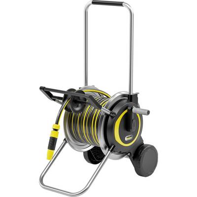Waterhose op een trolley met handslinger, met zwarte en gele details, geschikt voor tuin of buitengebruik.