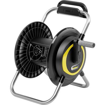 Slangenwagen in geel en zwart met slingerhandgreep, gemonteerd op wielen voor flexibele verplaatsing. Geschikt voor het oprollen van tuinslangen.