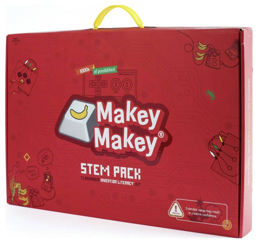 'Rode Makey Makey STEM Pack doos met illustraties van een banaan en elektronische componenten, tekst leest "Duizenden mogelijkheden!"'