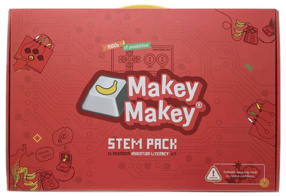 'Makey Makey STEM Pack Classroom Invention Literacy Kit' doosomslag met speelse elektronicagerelateerde afbeeldingen.