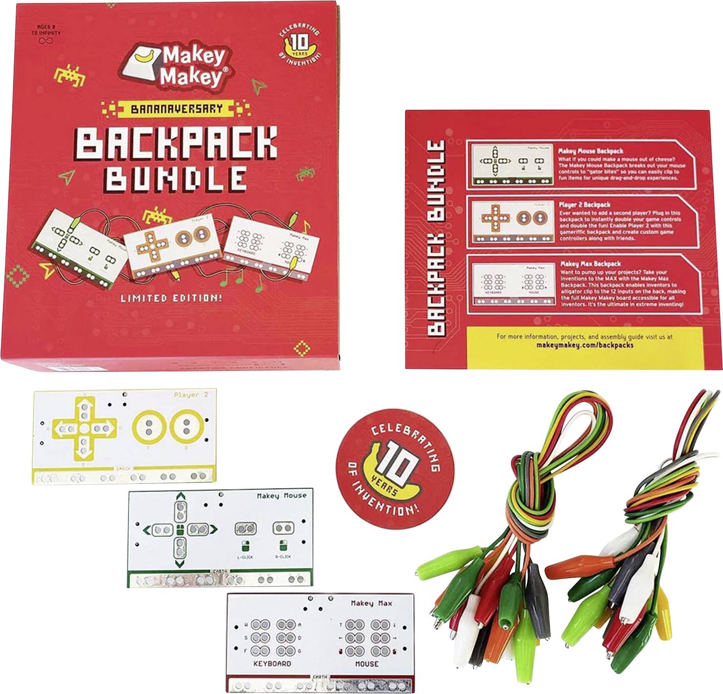 Makey Makey 'Backpack Bundle' Limited Edition: Set met verschillende invoerboards en kabels, maakt creatieve besturingsoplossingen mogelijk.
