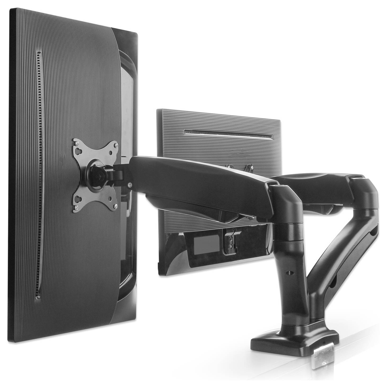 Twee monitoren aan verstelbare armen die een flexibele schermpositionering mogelijk maken. Perfect voor ergonomische werkplekindrichting.