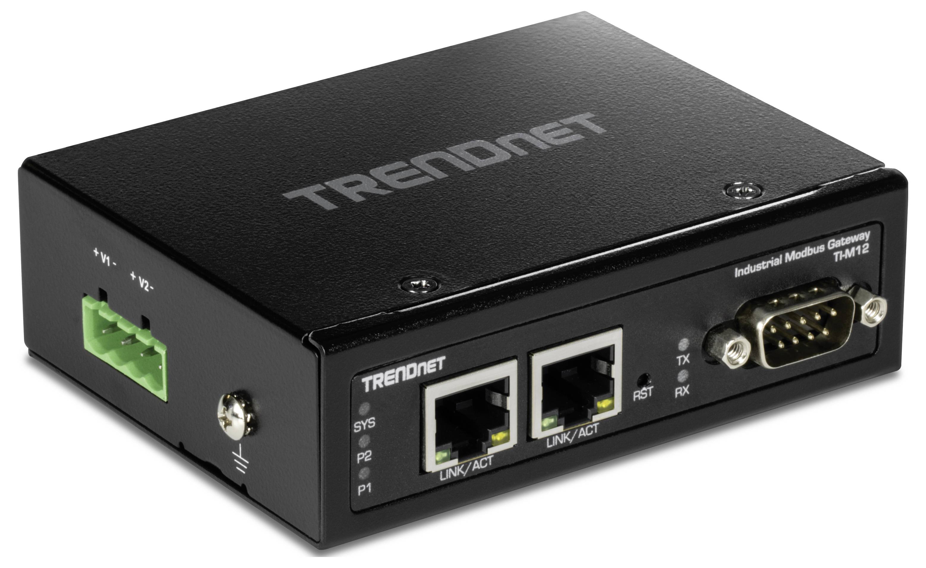 'Zwarte netwerkhardware met twee Ethernet-poorten en een seriële aansluiting aan de voorkant. Merknaam bovenaan zichtbaar.'