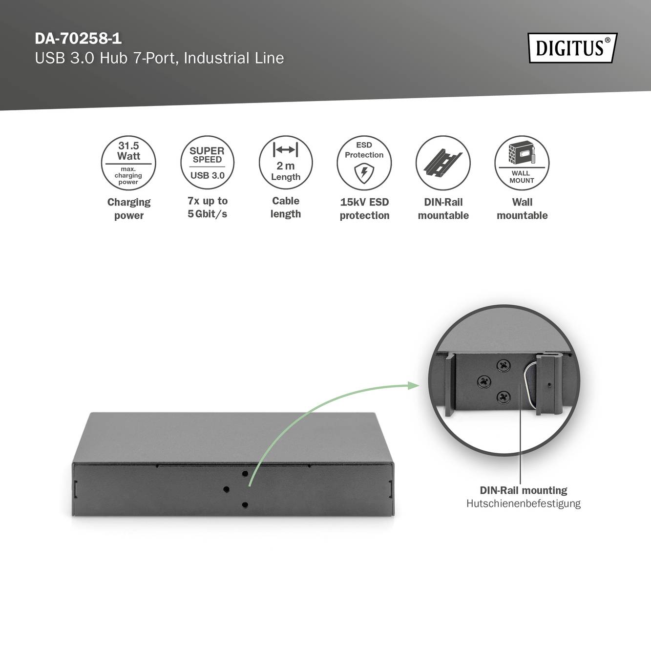 'DA-70258-1 USB 3.0 Hub met 7 poorten, voor industriële toepassingen. Ondersteunt 15kV ESD-bescherming en DIN-railmontage.'