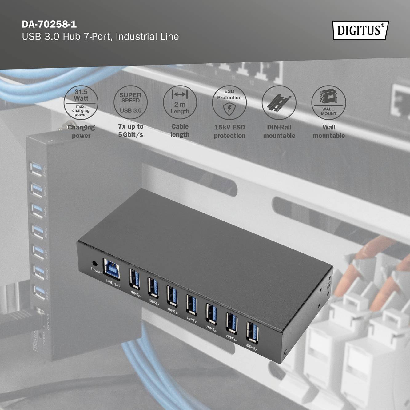 Zwarte USB 3.0 7-Poorts Hub, industrieel, met wand- en DIN-railmontage, ondersteunt tot 5 Gb/s. Kabelinvoering.