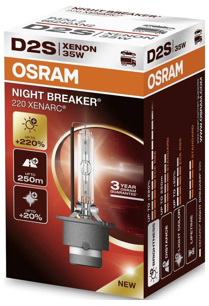 OSRAM Xenonlamp 'D2S NIGHT BREAKER 220'. Biedt tot 220% meer helderheid, 250 m bereik, 20% witter licht. 3 jaar garantie.