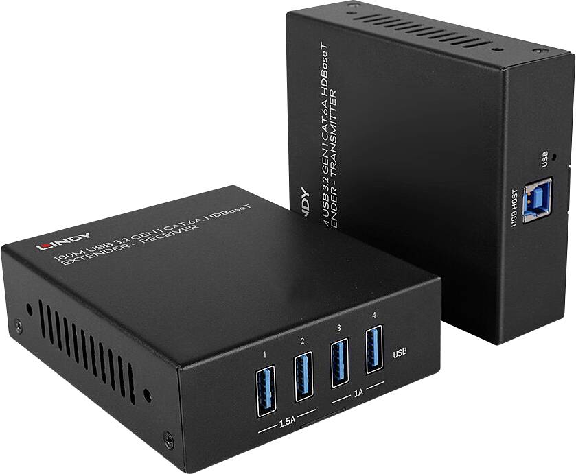 Twee zwarte computerapparaten met USB-poorten. Eén apparaat toont 'HDMI 18.5G' en 'Scaler'. Het andere apparaat toont 'USB 3.0' en 'HDBaseT Extender'.