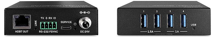 Twee apparaten met USB-aansluitingen en voedingsaansluiting, waarbij het ene netwerk- en seriële poorten toont, en het andere vier USB-poorten.