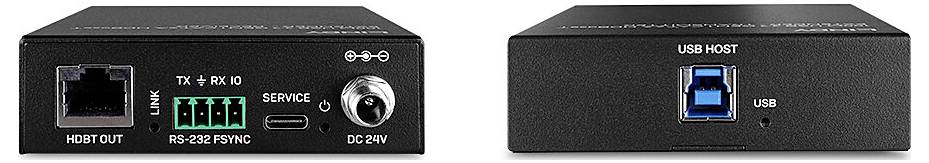 Twee perspectieven op een elektronisch apparaat met verschillende aansluitingen: Ethernet, RS-232, USB, service- en stroomaansluiting.