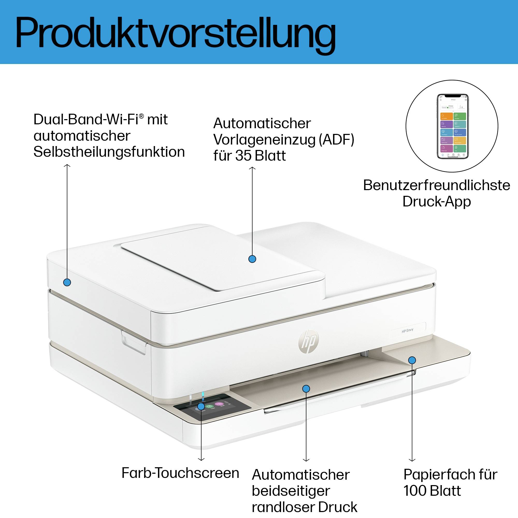 Een printer met Dual-Band Wi-Fi en automatische zelfherstellende functie. Beschikt over een ADF voor 35 pagina's, kleurenaanraakscherm en randloos afdrukken.