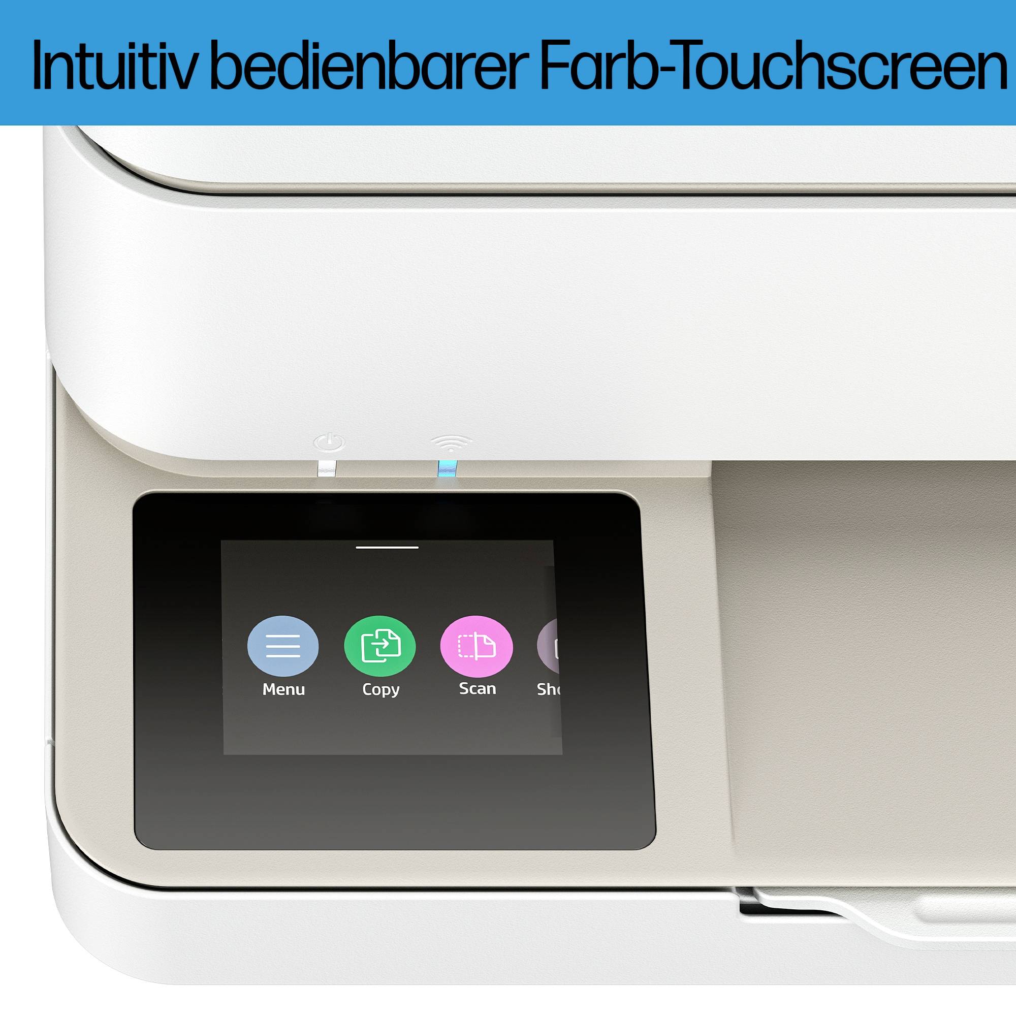 Een printer met een intuïtief kleur-touchscreendisplay. Het display toont symbolen voor 'Menu', 'Kopiëren', 'Scannen' en 'Instellingen'.