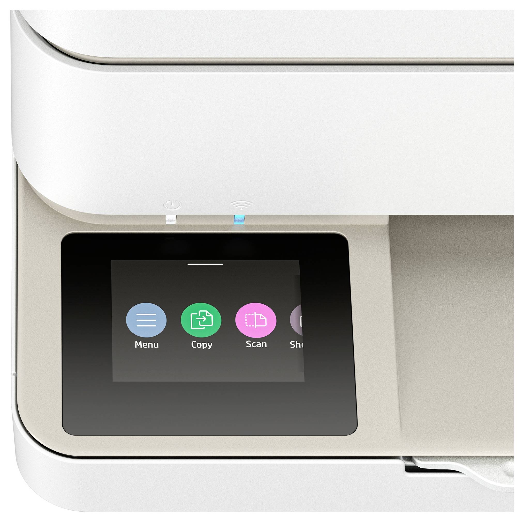 Een multifunctionele printer-display toont opties: 'Menu', 'Kopiëren', 'Scannen' en 'Afdrukken'.