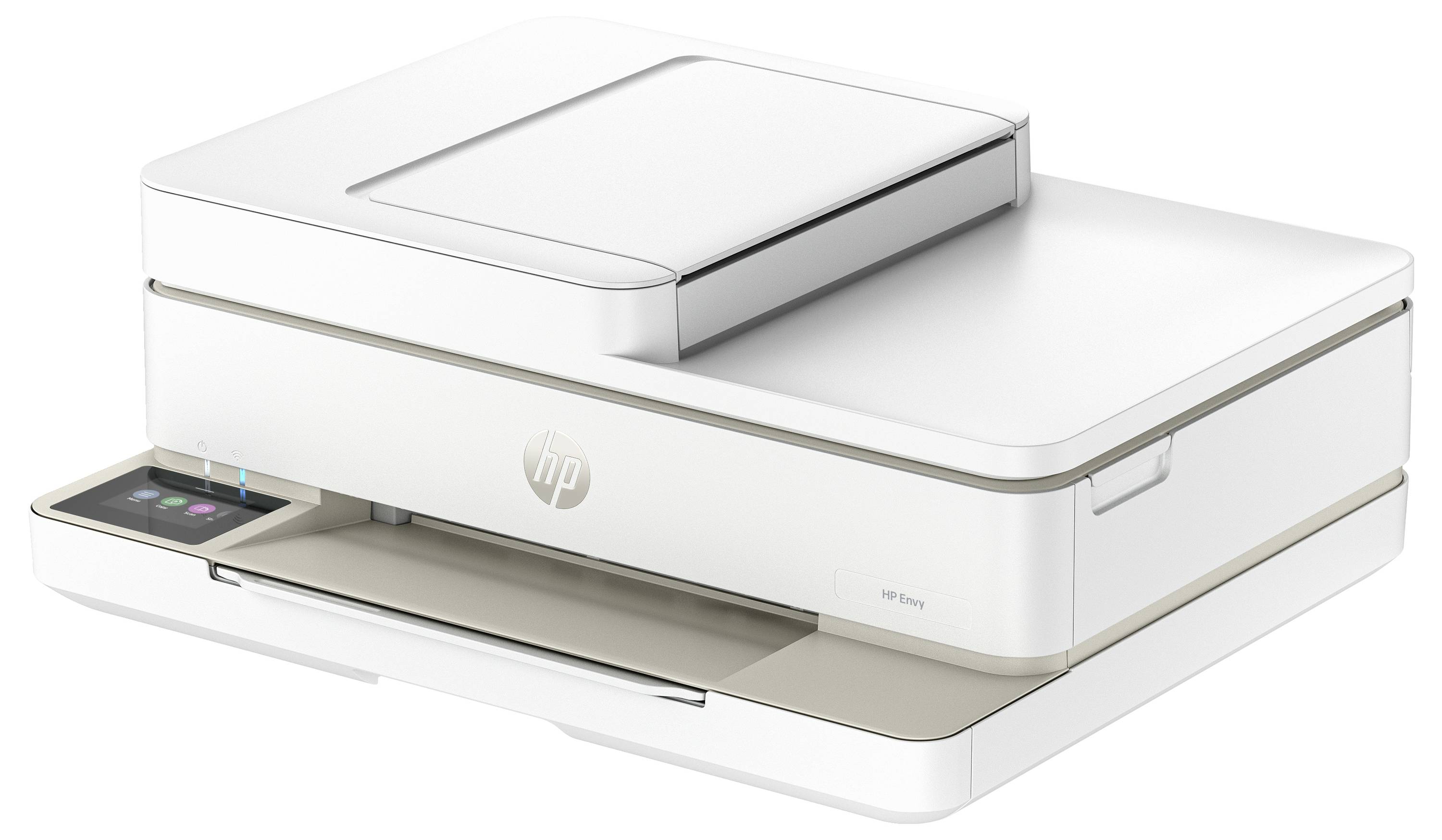 Een witte, moderne printer met een flatbed-scanner bovenop, een papierlade aan de zijkant en een bedieningspaneel links vooraan.