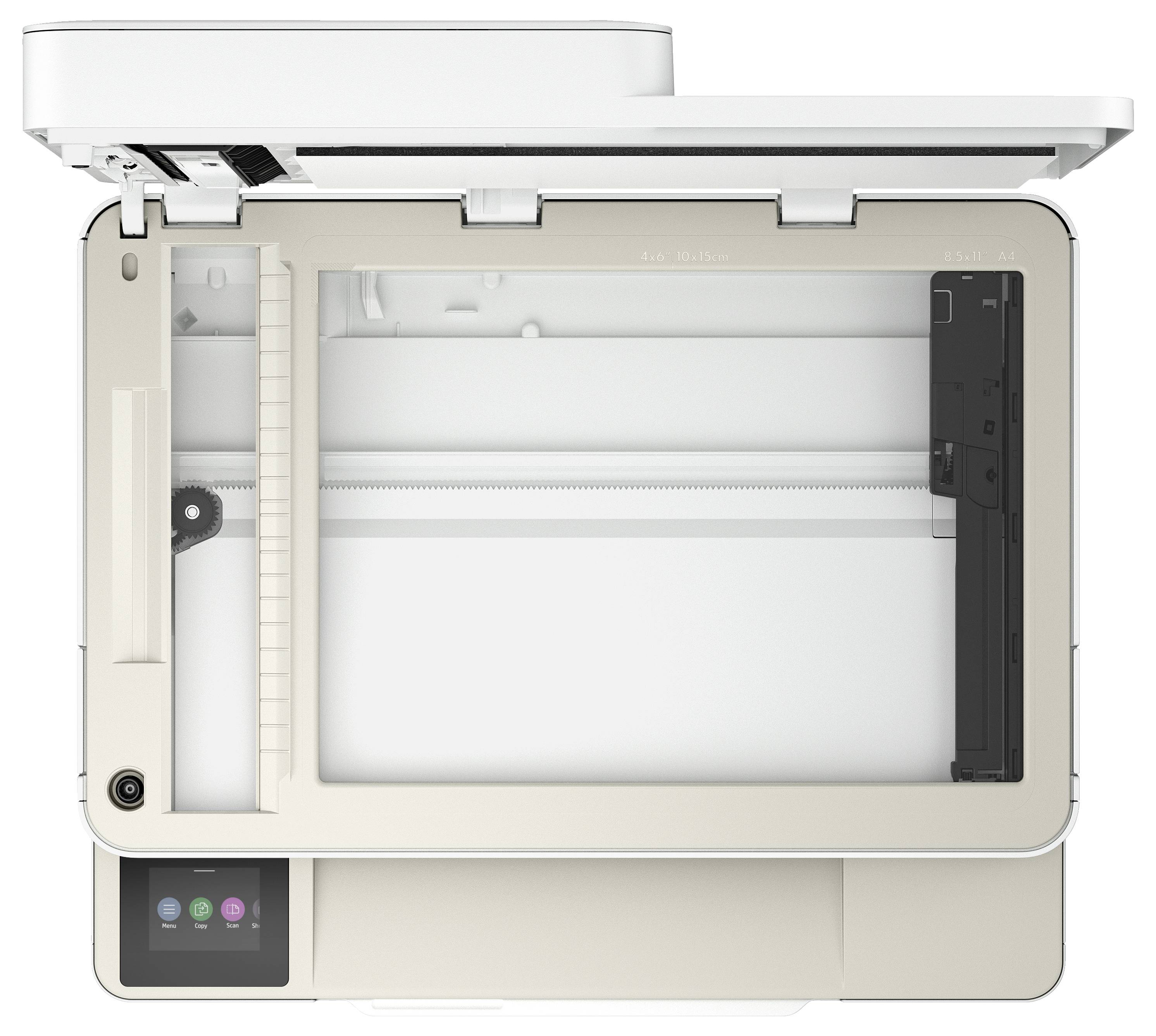 Printer gezien van bovenaf, met open scannerlade. Een kleurendisplay bevindt zich in de linkeronderhoek.
