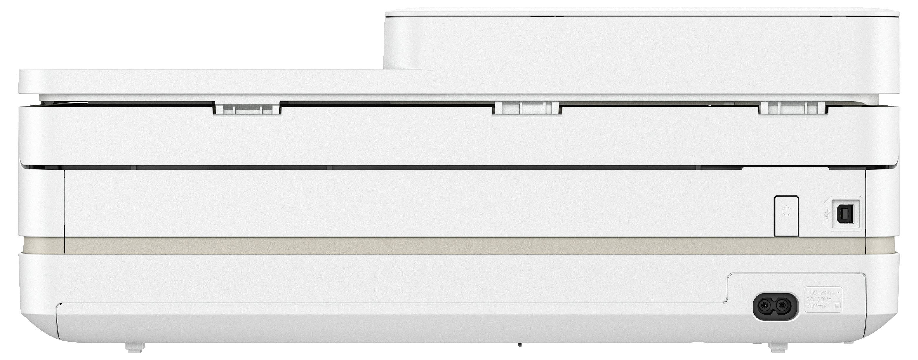 Een witte printer met rechthoekig ontwerp en geïntegreerde papierinvoer. Geschikt voor gebruik op kantoor of thuis.