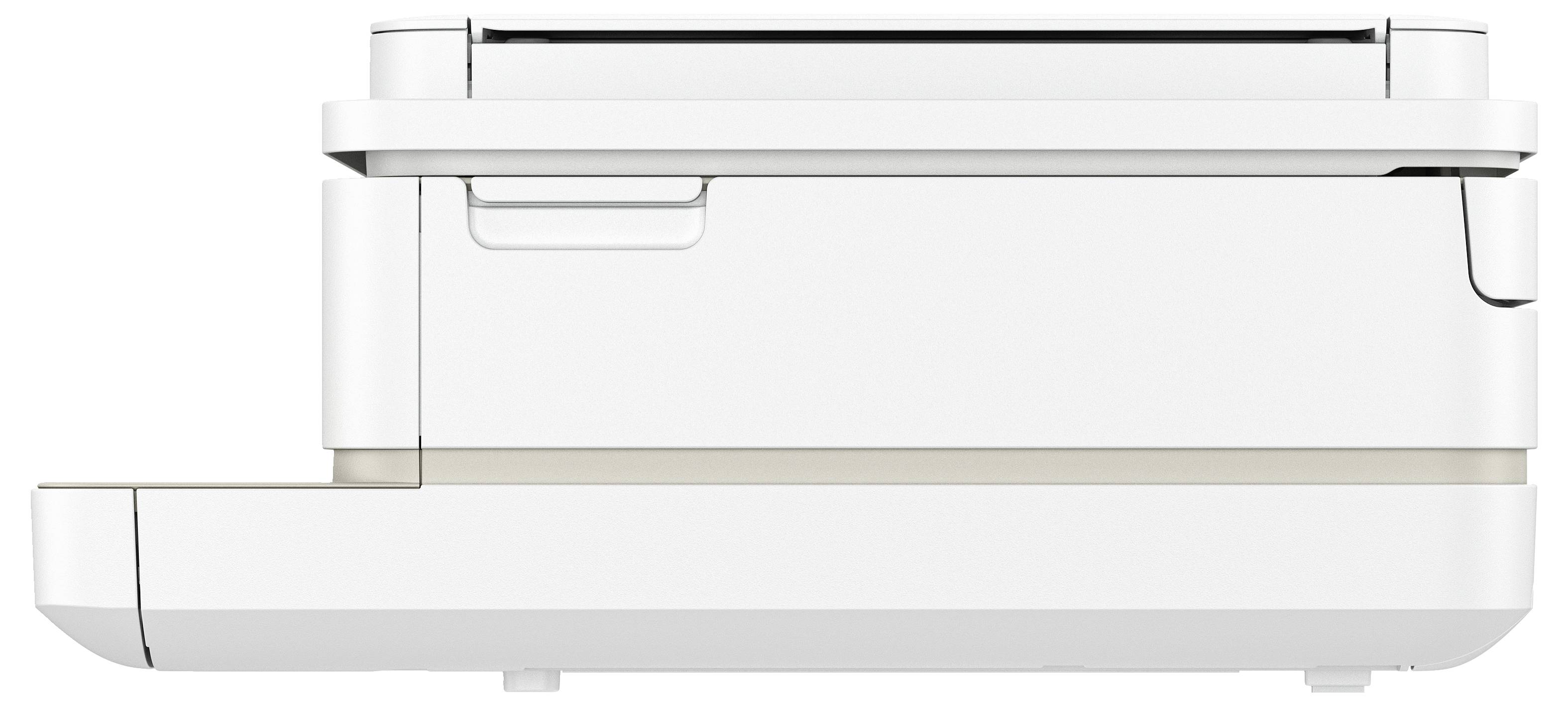 Een witte printer met een modern design, zijaanzicht, toont bedieningspaneel en papierlade. Geschikt voor kantooromgevingen.