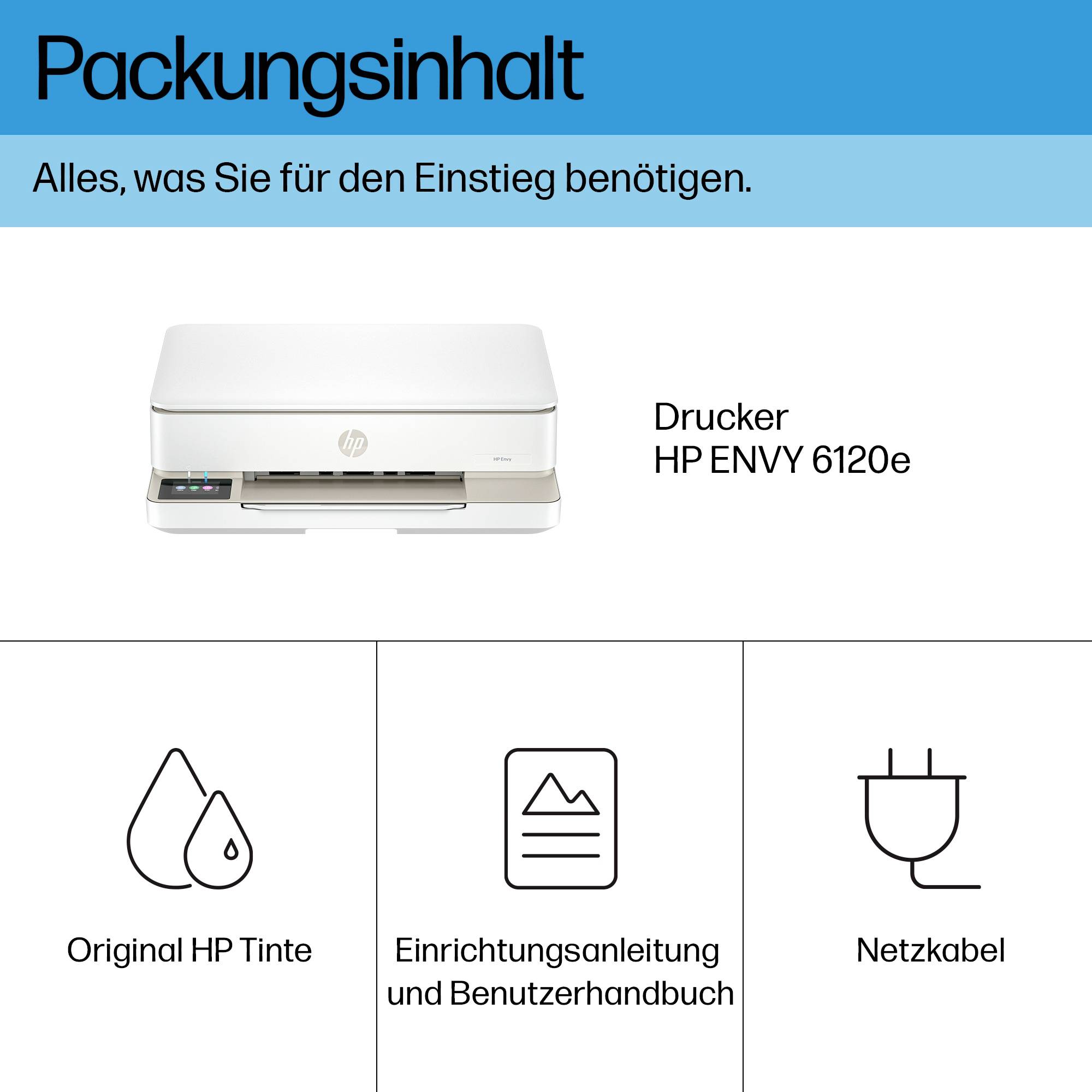 'Inhoud van de verpakking: HP ENVY 6120 printer, Originele HP inkt, Installatiehandleiding en gebruikershandboek, Netsnoer.'