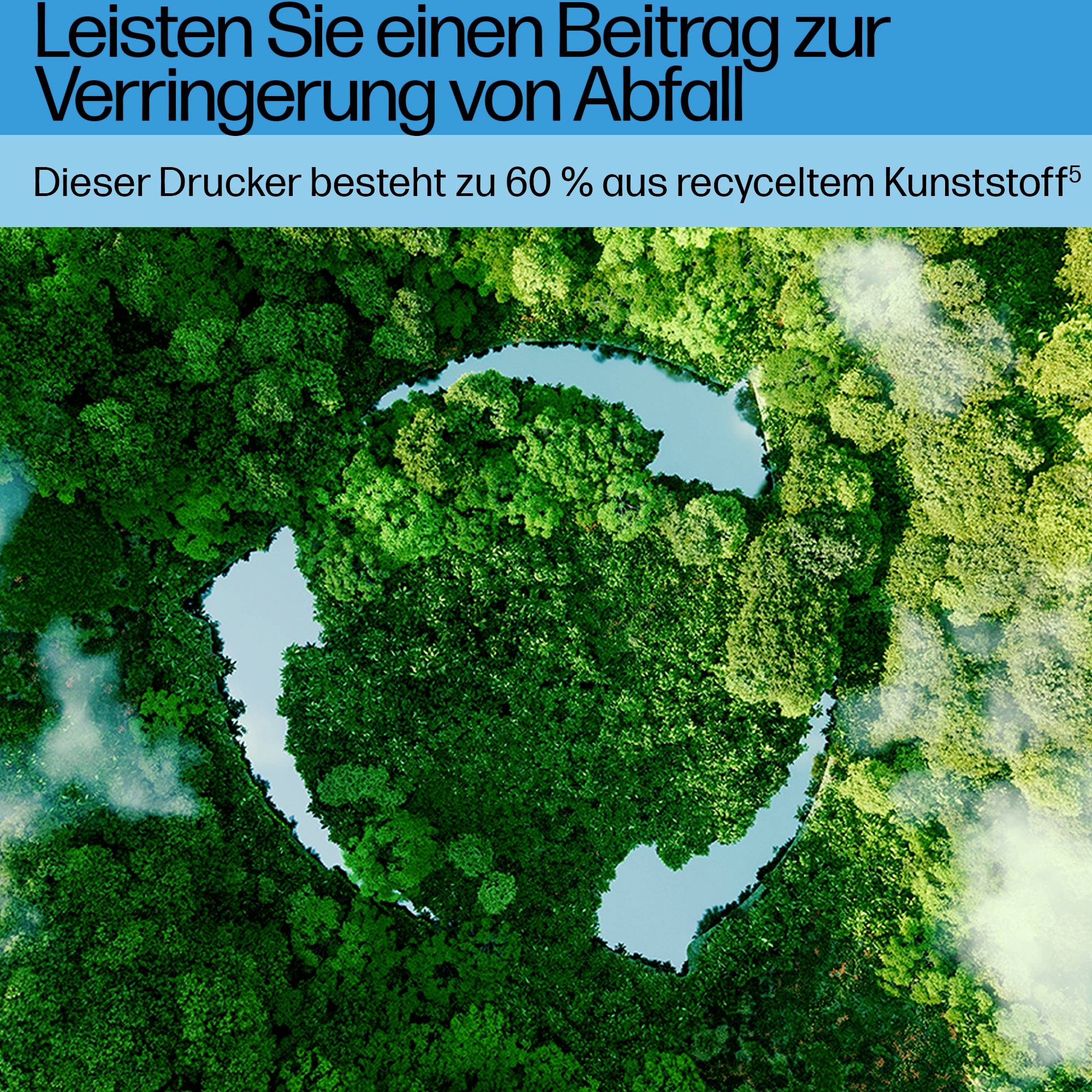 Luchtfoto van een groen bos met een gat in het midden. Tekst bovenaan: Draag bij aan afvalreductie. Deze printer is voor 60% gemaakt van gerecycled plastic.