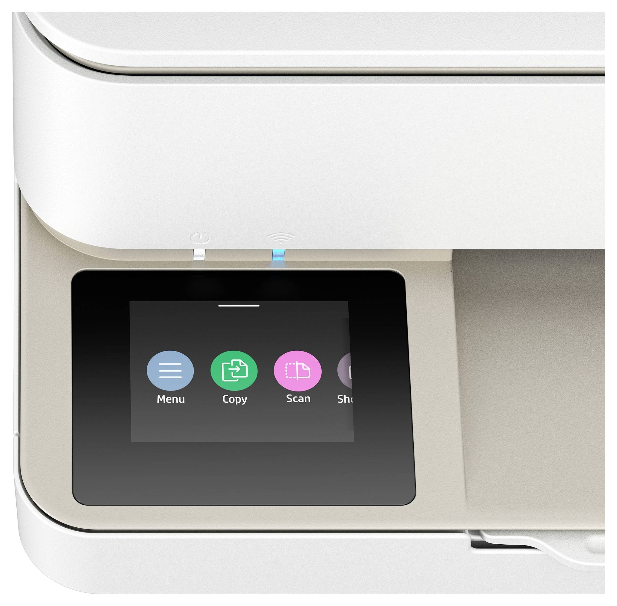 Een printer met een touchscreen-display toont verschillende opties: 'Menu', 'Kopiëren', 'Scannen', 'Instellingen'.