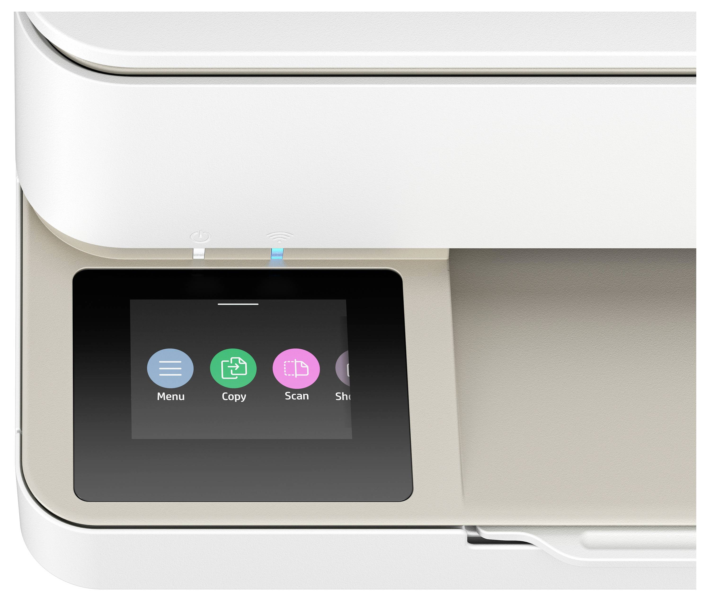 Een multifunctionele printer met een touchscreen dat pictogrammen weergeeft voor 'Menu', 'Kopiëren', 'Scannen' en 'Instellingen'.