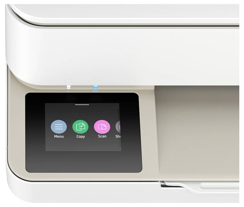 Een printer met een touchscreen-display toont opties: 'Menu', 'Kopiëren', 'Scannen', 'Instellingen'.