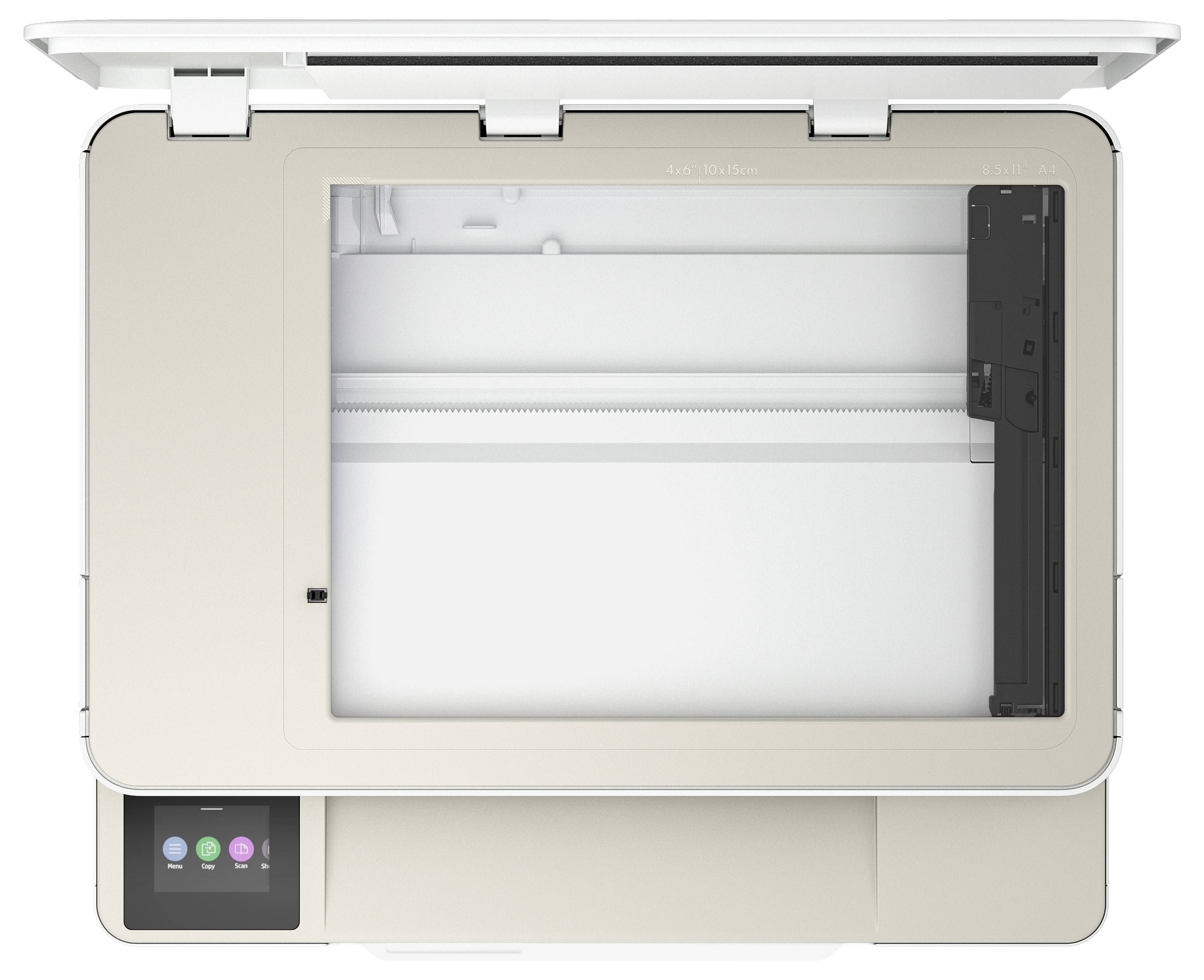 Een scanner met een open deksel, klaar om documenten te digitaliseren. Bedieningspaneel linksonder met gekleurde toetsen.