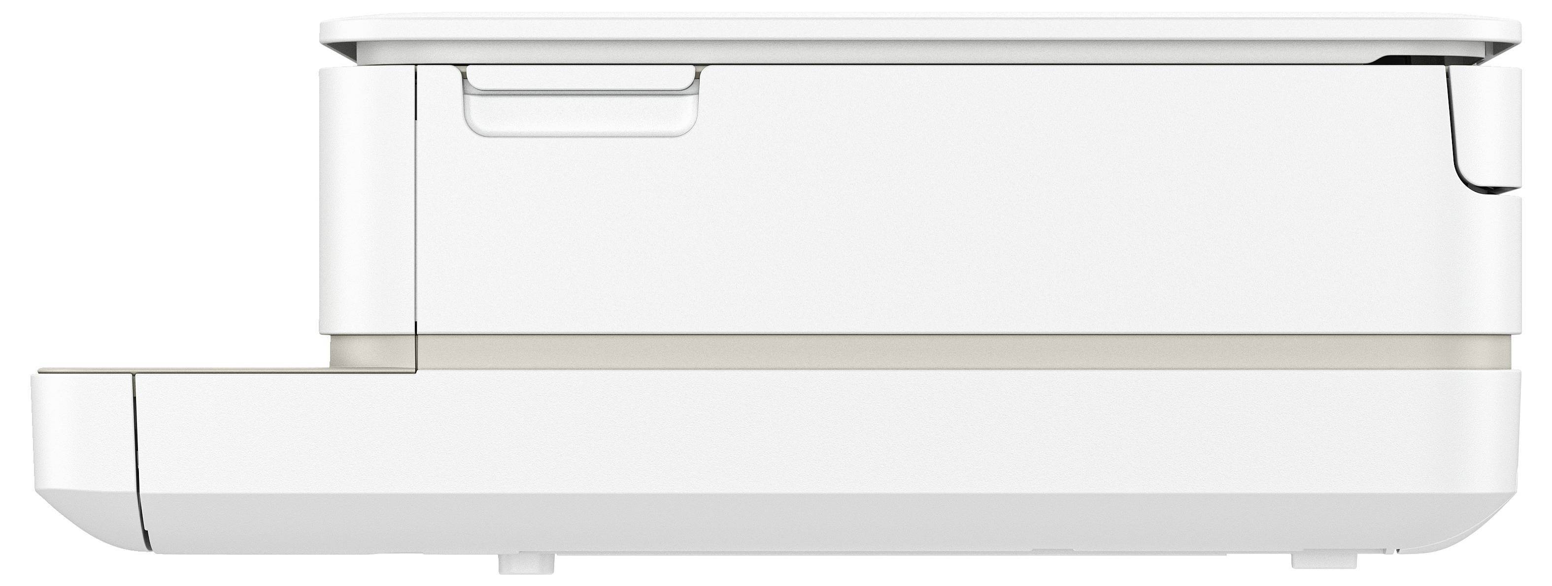 Zijaanzicht van een moderne, witte printer met minimalistisch design.