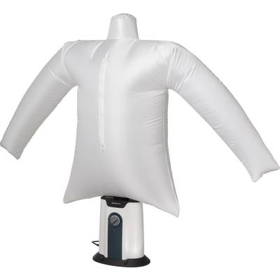 Opblaasbare strijkpop voor het drogen en strijken van kleding. Ze is wit en staat op een elektrisch apparaat.
