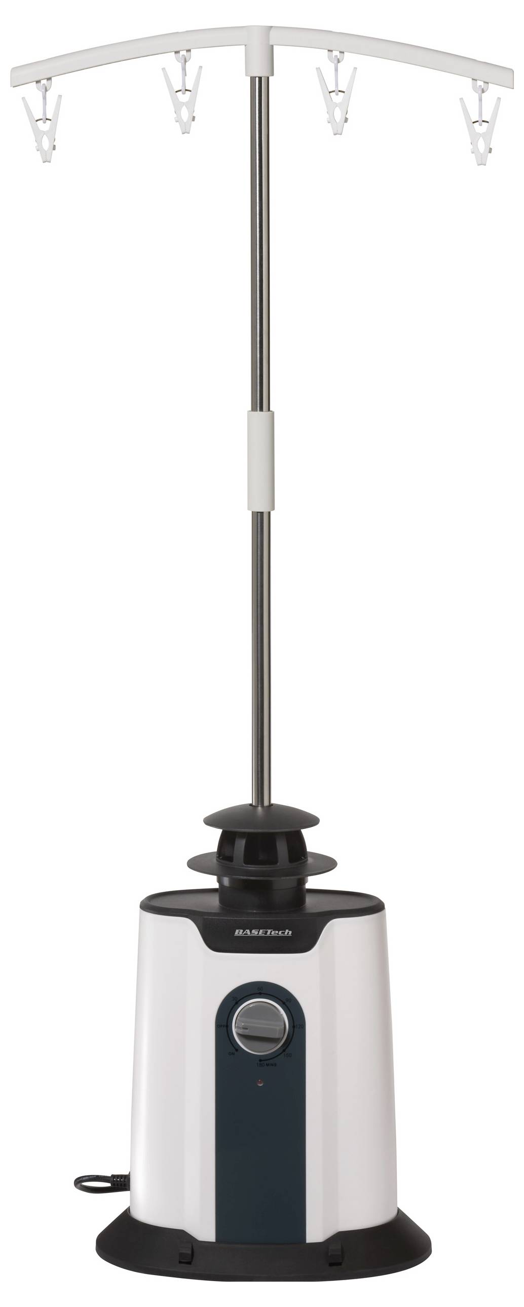 Stoomstrijkinstallatie met verticale stang, meerdere kledinghangers en een bedieningsknop aan de voorkant, gebruikt voor het strijken van kleding.