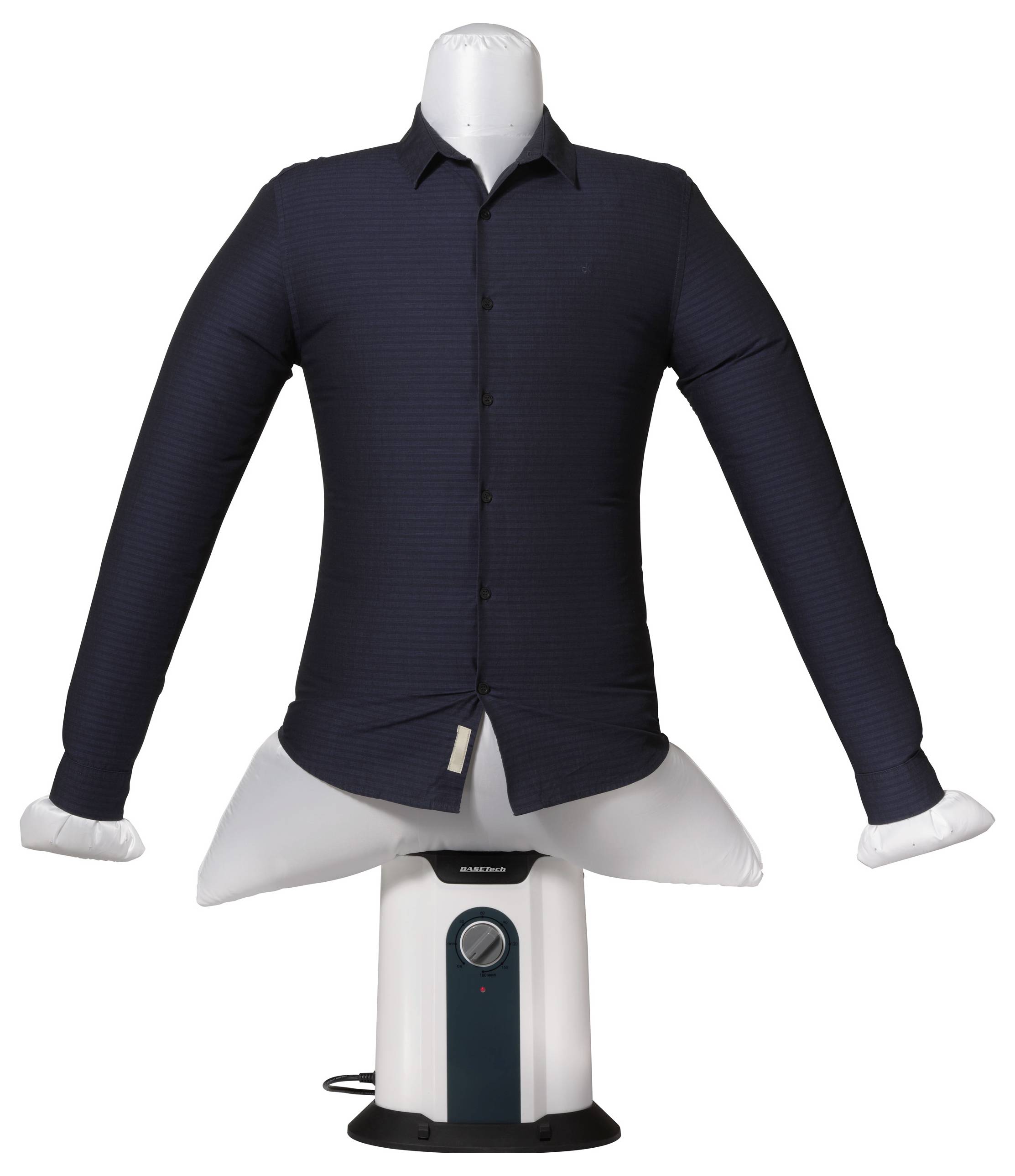 Opblaasbare strijkpop met donkerblauw shirt, die zichzelf automatisch opblaast om kleding te drogen en te strijken.