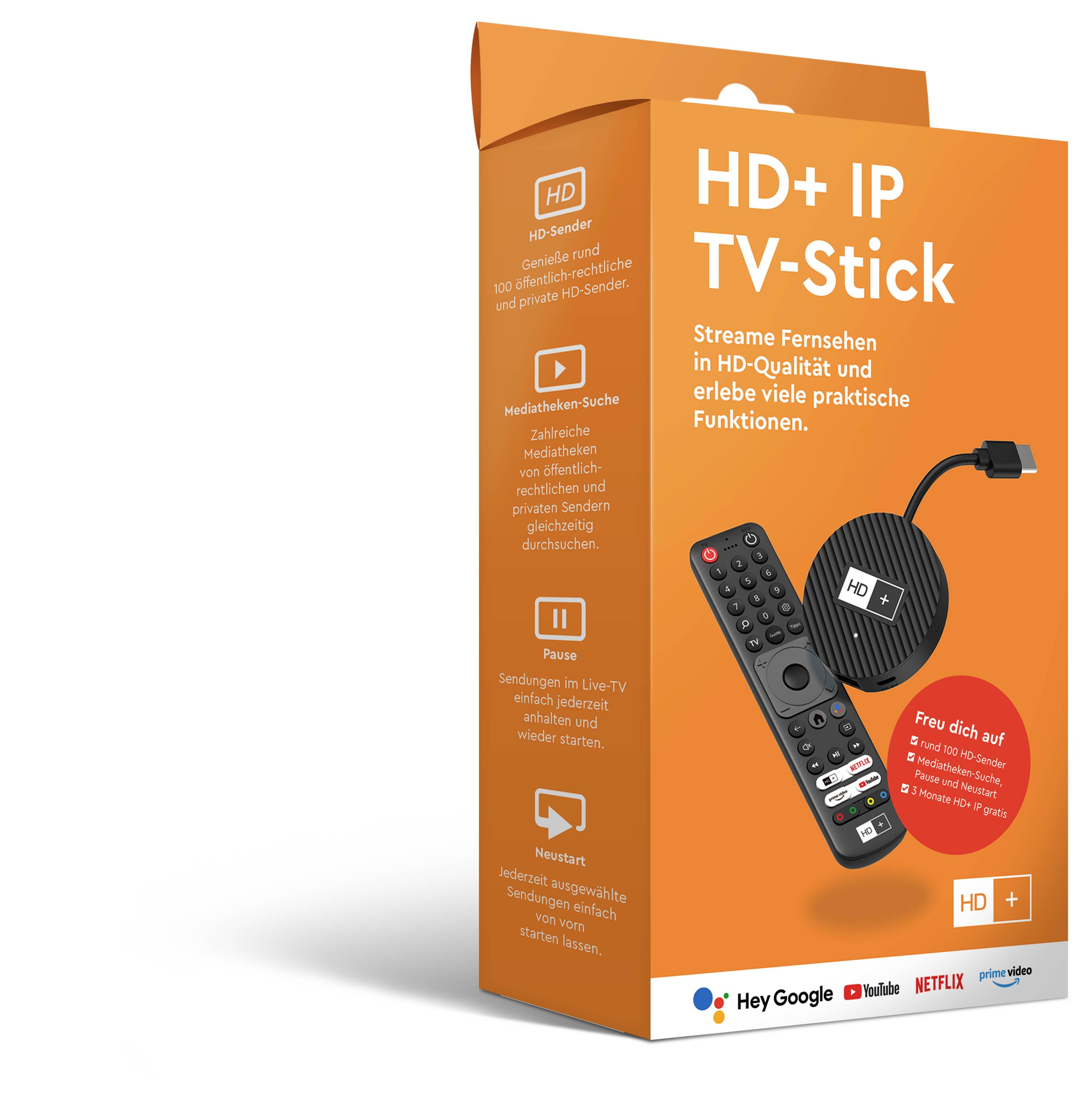 'HD+ IP TV-Stick'-verpakking met afbeelding van een streamingstick en een afstandsbediening. Tekst beschrijft functies zoals HD-zenders en mediatheken doorzoeken.