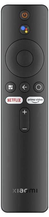 Zwarte afstandsbediening met knoppen voor 'Netflix' en 'Prime Video', volumeregelaar, navigatiering en aan/uit-knop bovenaan.