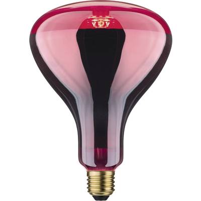 Rood getinte gloeilamp met zwarte fitting. De lamp geeft zwak licht en is waarschijnlijk bedoeld voor decoratieve doeleinden.