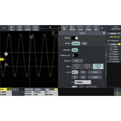 Beeld van een oscilloscoop met sinusvormige golf. Weergaveparameters: Frequentie 999,991 Hz, spanning rond 1,00 div. Verschillende modi selecteerbaar.