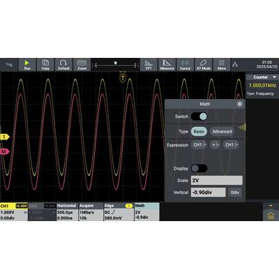 'Oscilloscoopweergave met twee golfvormen in rood en geel. De frequentie bedraagt 1.000,01 kHz. Maathstellingen: Basic, Verticaal: -0,90 div.'