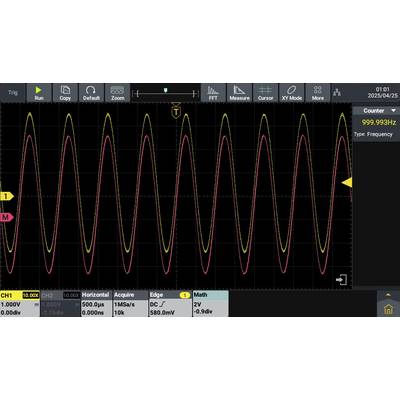 'Oscilloscoopscherm toont sinusgolven met twee kanalen, geel en rood, frequentie bij 999,993 Hz en spanning 1,000 V.'