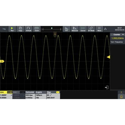 'Oscilloscoopweergave van een sinusgolfsignaal met een frequentie van 1,000 kHz en een amplitude van 1,00 V bij 10,00 kHz.'