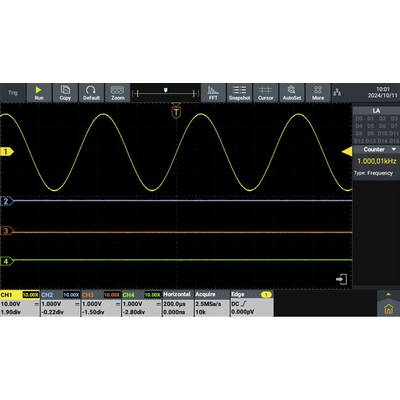 Oscilloscoopweergave met golfvorm. De gele golf (kanaal 1) toont een frequentie van 1 kHz. Overige kanalen (2-4) zijn vlak.