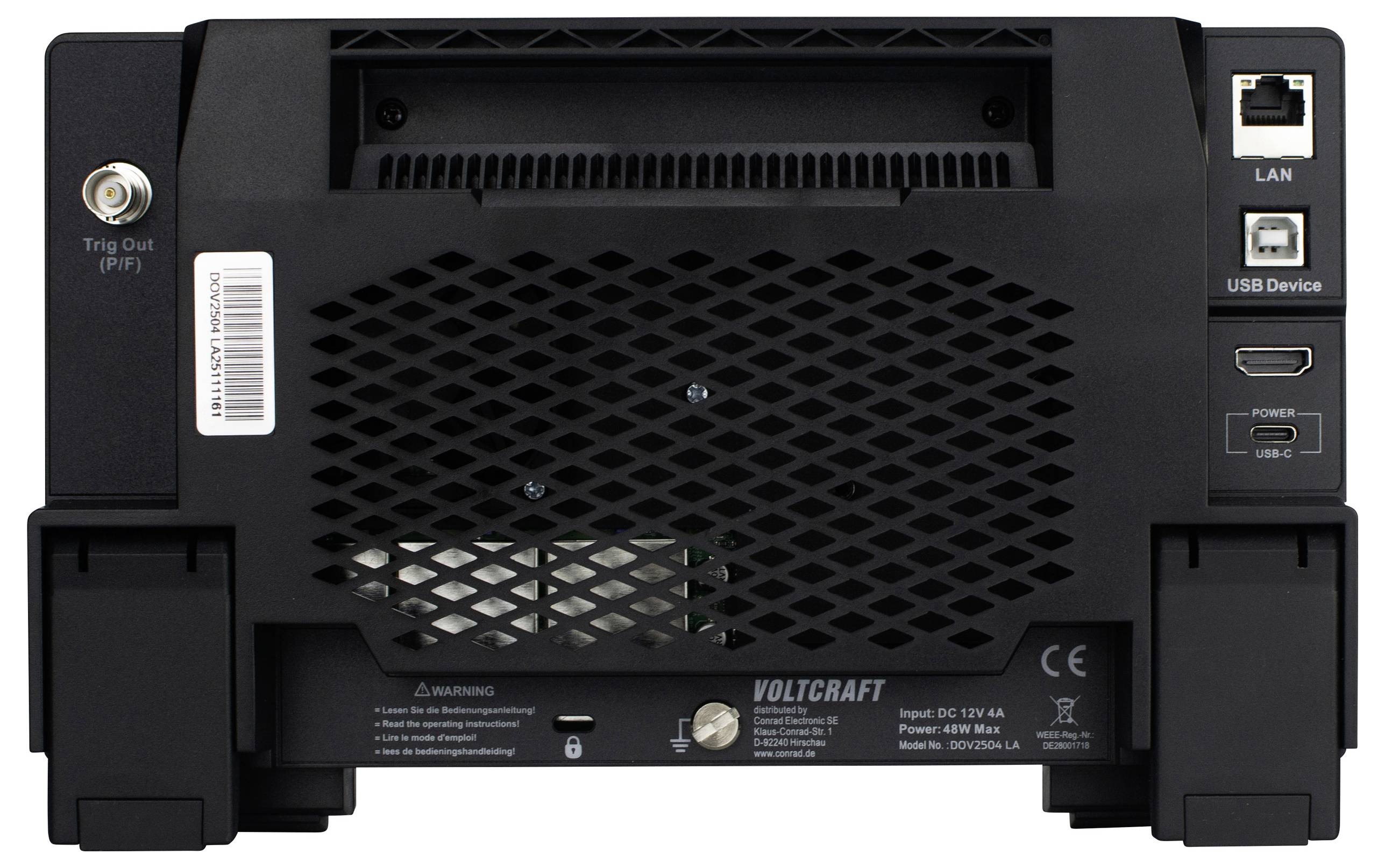 Achterzijde van een Voltcraft-apparaat met LAN- en USB-aansluitingen, netstekker en ventilatierooster. Bevat veiligheidsinstructies.