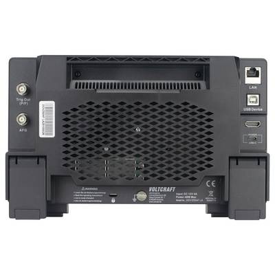 Achterzijde van een Voltcraft-apparaat met aansluitingen voor LAN, USB en HDMI. Ventilatierooster en waarschuwingsinstructies zijn zichtbaar.