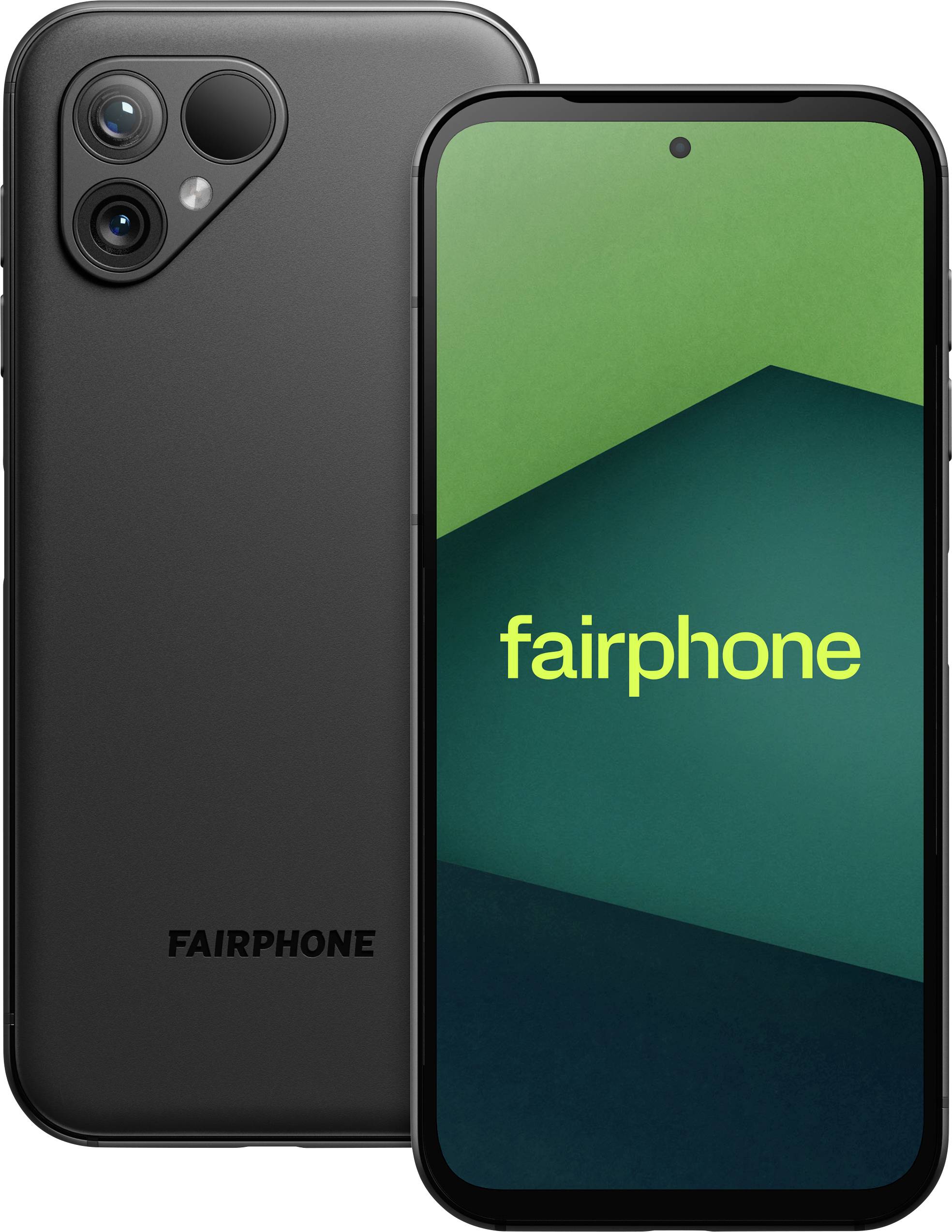 Een zwarte Fairphone smartphone met twee achteruitrijcamera's en een groen scherm waarop het woord 'fairphone' in gele tekst staat weergegeven.