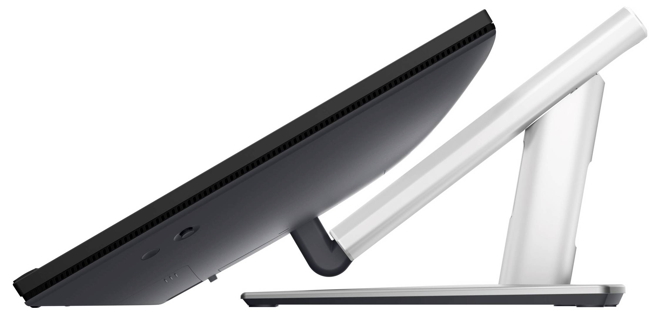 Een slanke, draaibare computermonitor vanuit zijaanzicht, met een moderne witte standaard die de kantelhoek laat zien.