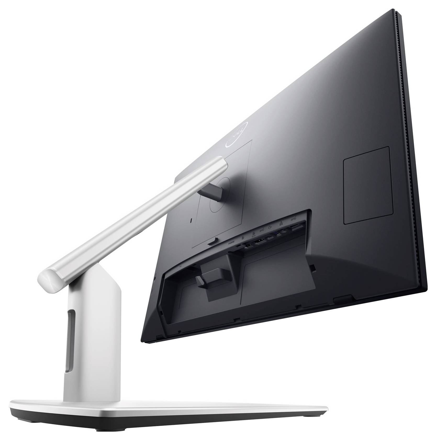 Een zwarte computermonitor met een grijze standaard, gefotografeerd van achteren. Het scherm is licht naar rechts gedraaid.