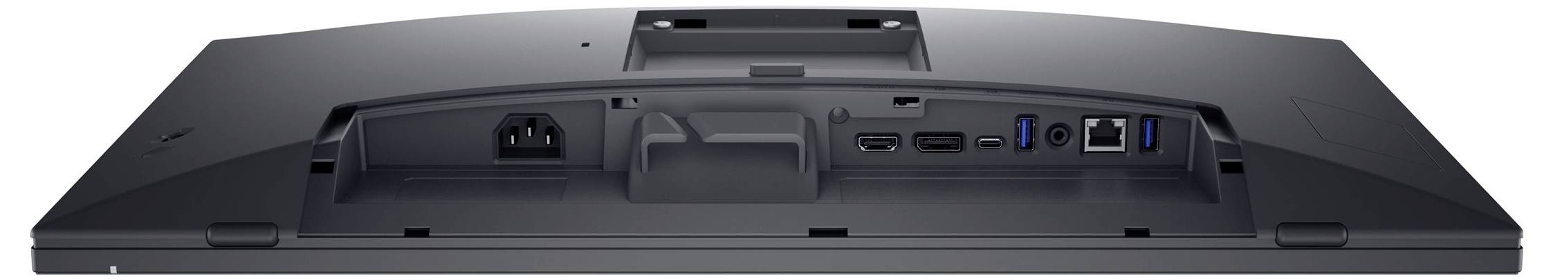 Achterkant van een computerscherm met aansluitingen: stroomaansluiting, DisplayPort, HDMI, USB en Ethernet.