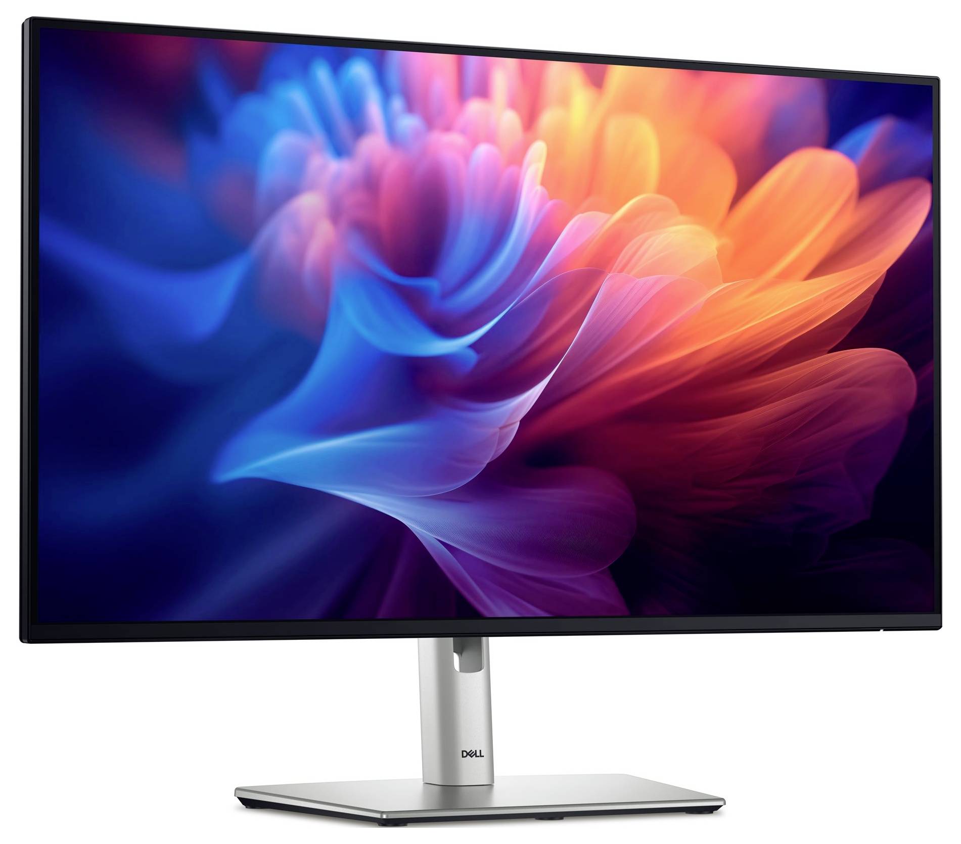 Een kleurrijke schermbeveiliging toont stralende, abstracte bloemvormen in blauw- en oranje tinten op een Dell-monitor.