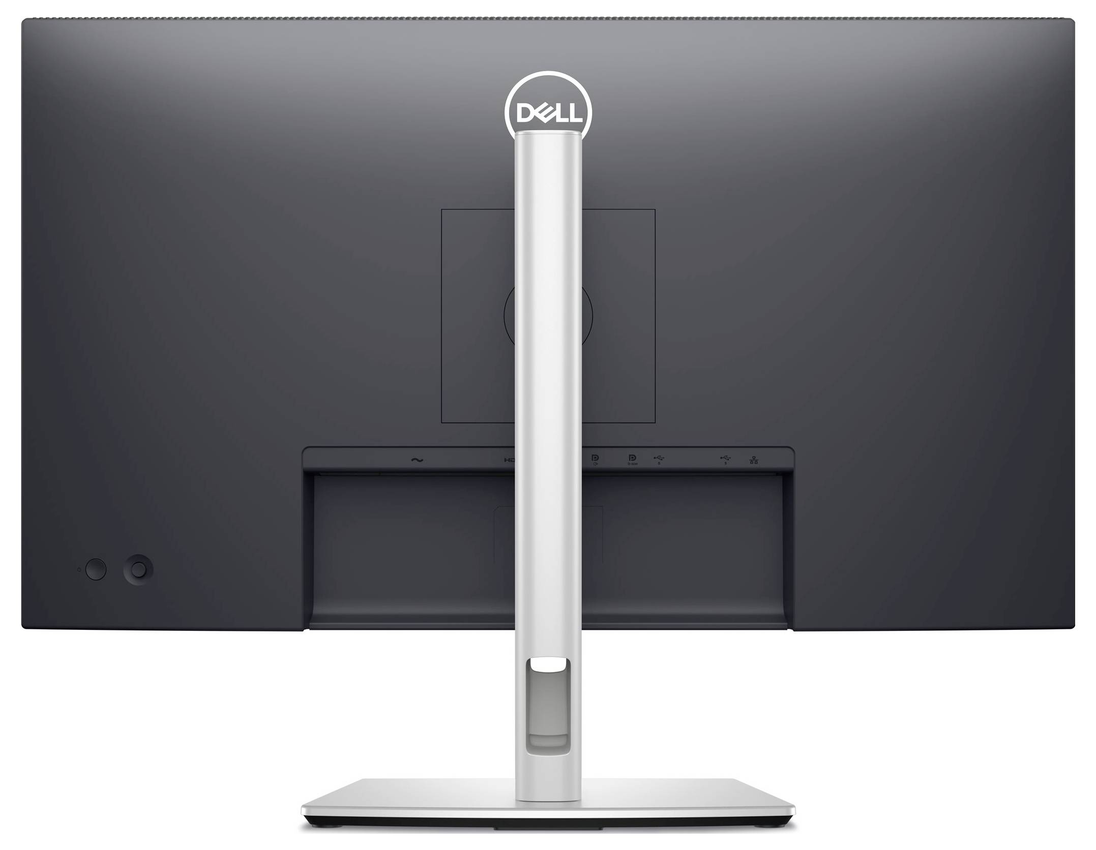 Een monitor van achteren, DELL-logo gecentreerd aan de bovenkant van de voet.