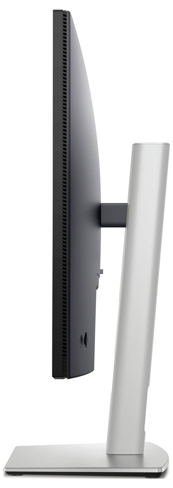 Zijaanzicht van een dunne computermonitor met een zilveren standaard die op een gladde oppervlakte staat.